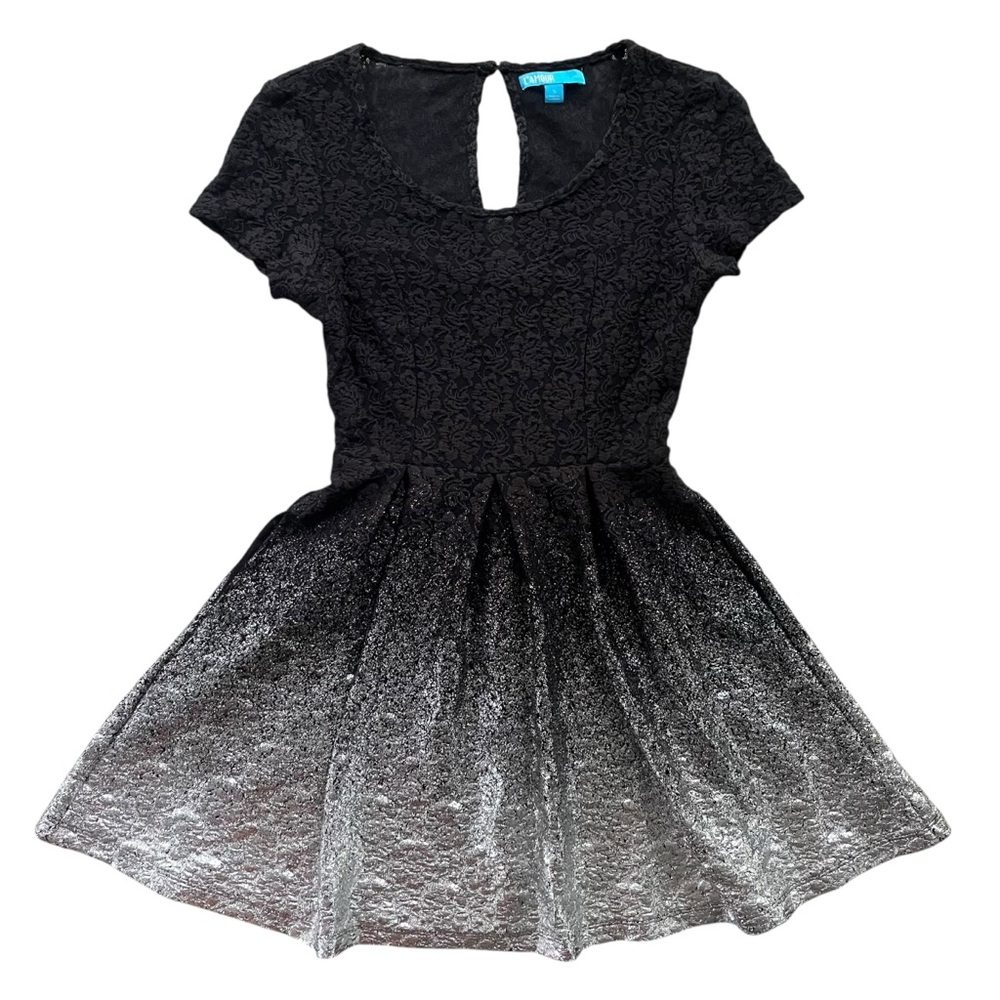 L’Amour Nanette Lepore Women’s S Black Silver Metallic Lace Short Sle Mini Dress